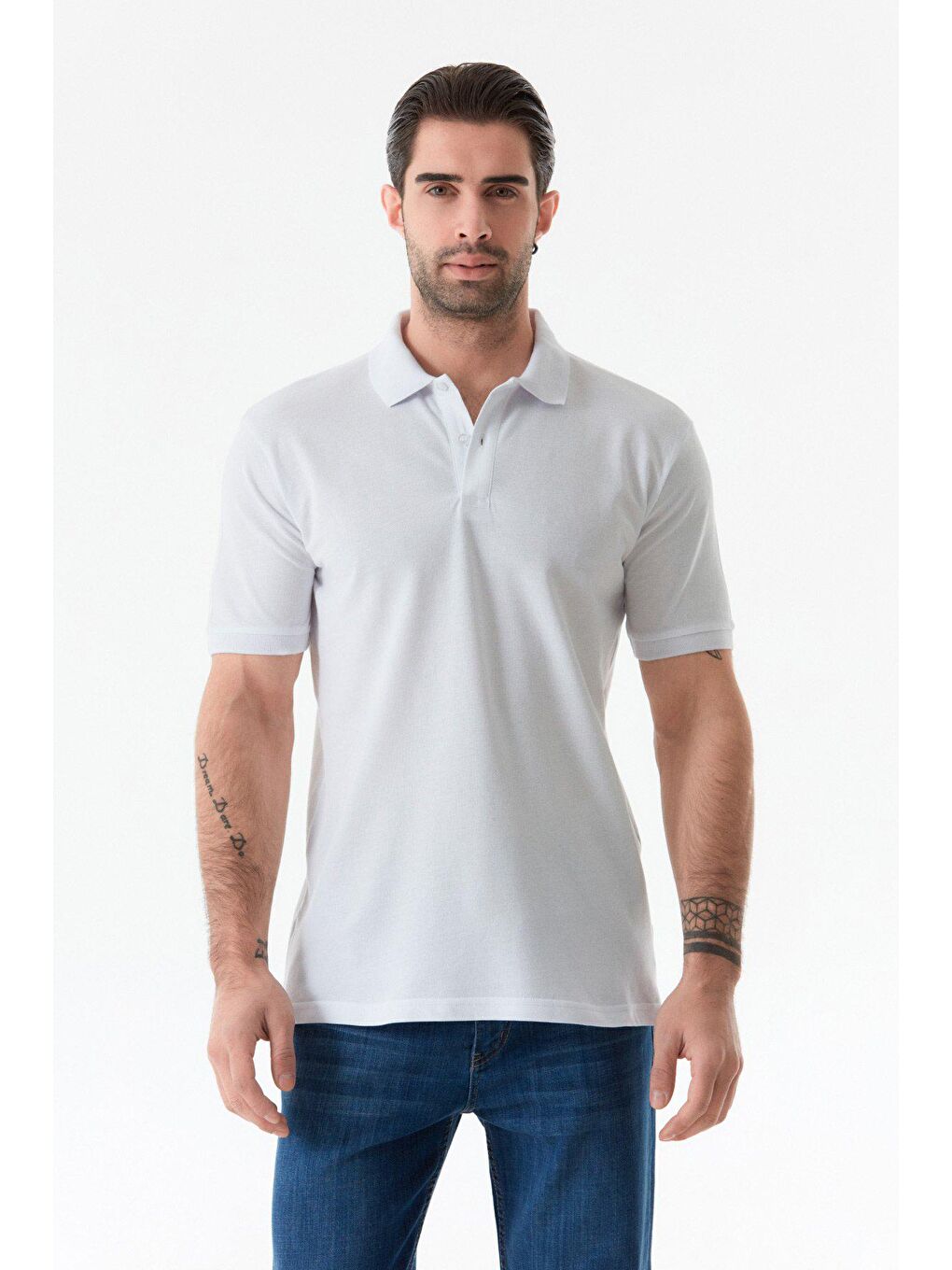 Beyaz Basic Polo Yaka Düğmeli Tişört-2