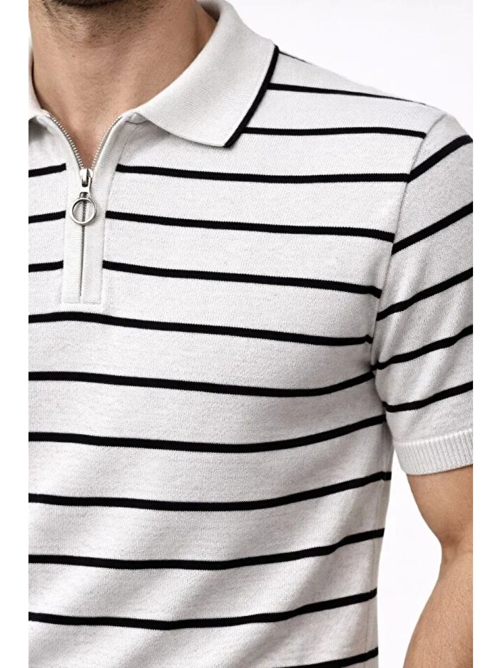 Beyaz Erkek Triko Polo Yaka Fermuarlı Çizgili Tişört-1