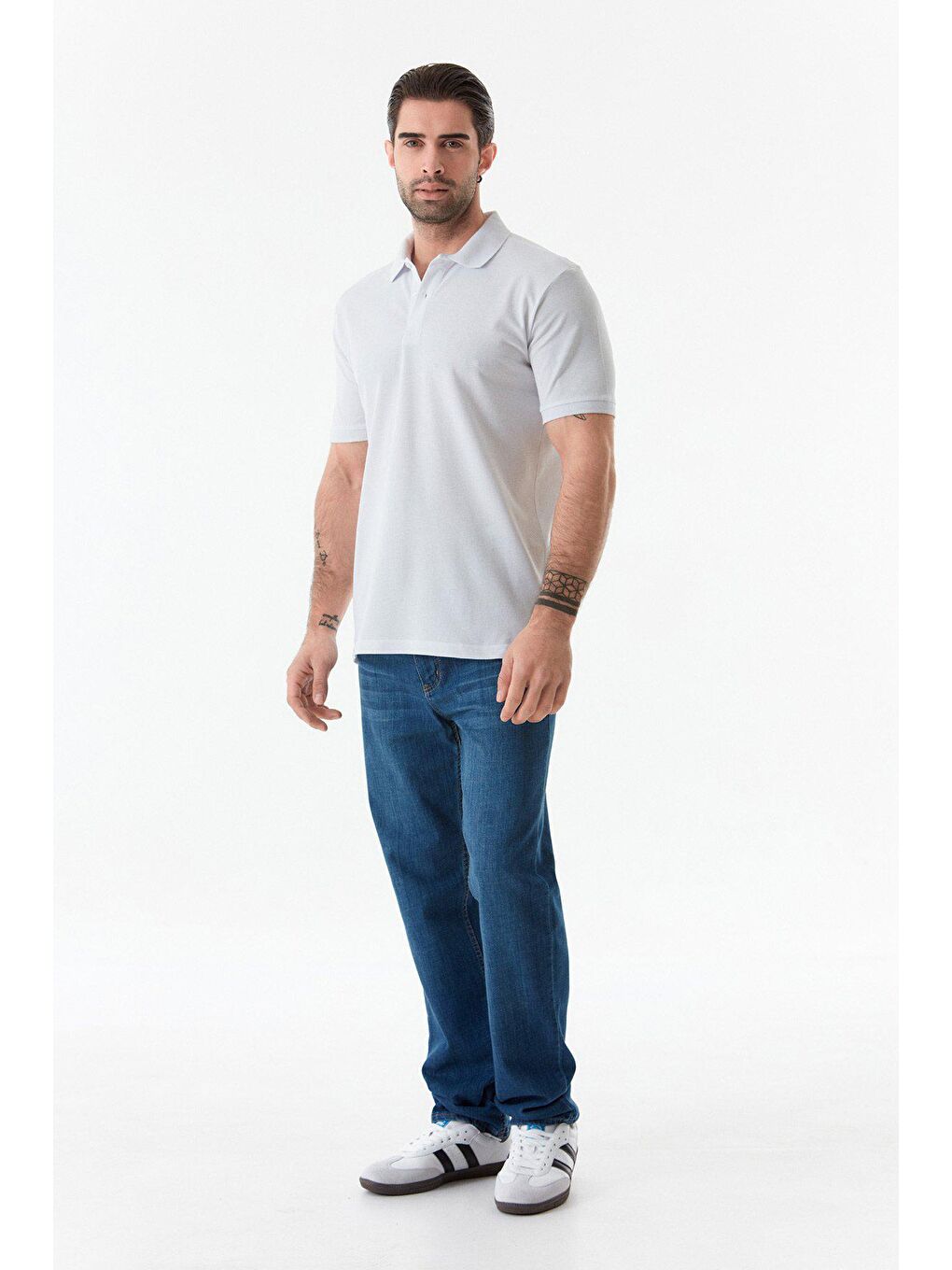 Beyaz Basic Polo Yaka Düğmeli Tişört-3