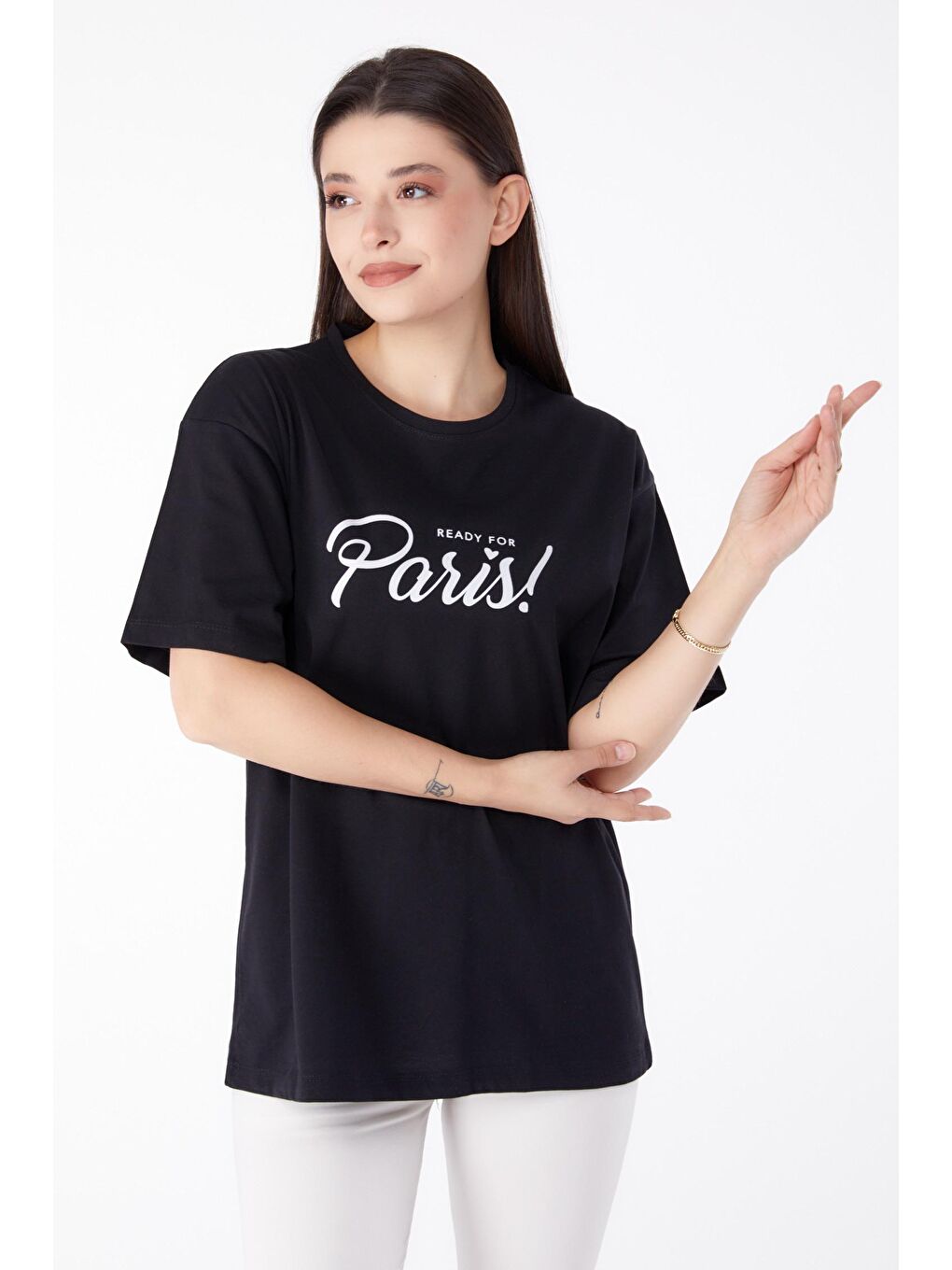 TOFİSA Düz Bisiklet Yaka Kadın Siyah Baskılı T-shirt - 25298