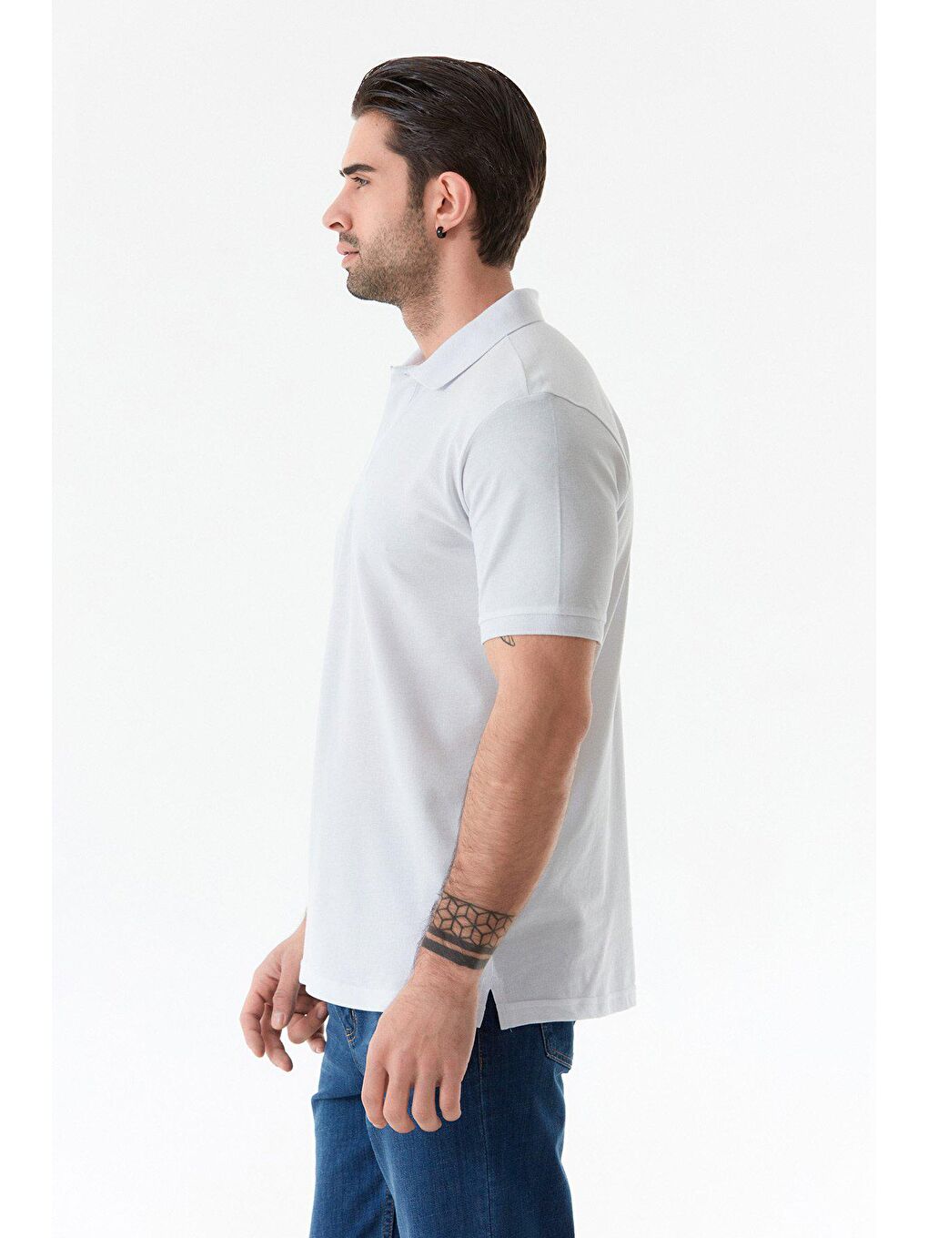 Beyaz Basic Polo Yaka Düğmeli Tişört-4