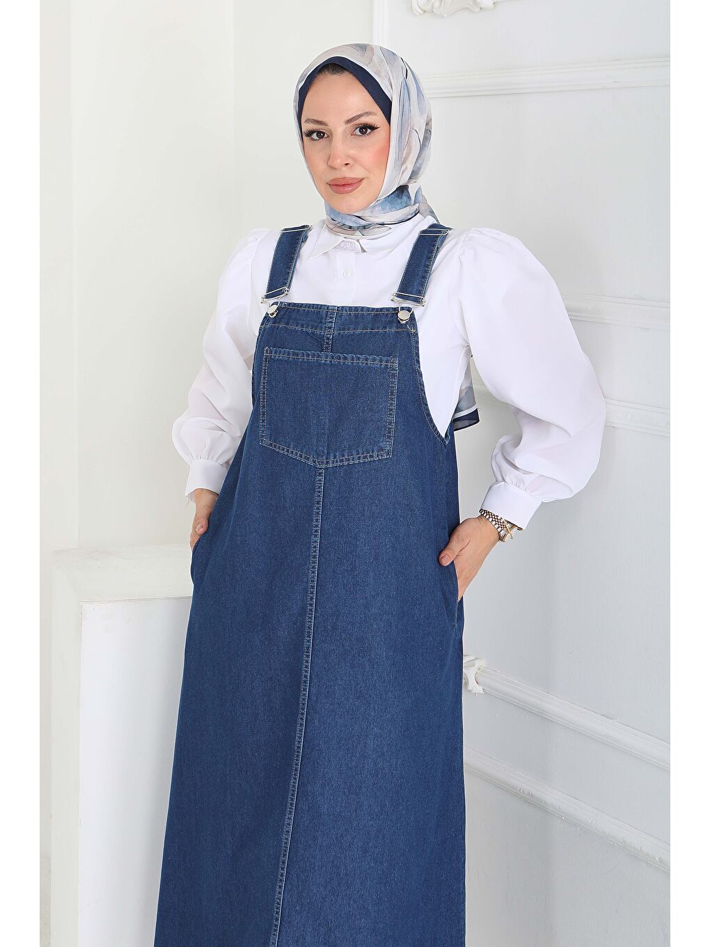 Cep Detaylı Askılı Jean Salopet Koyu Mavi - 27833-KOYU-MAVI-3