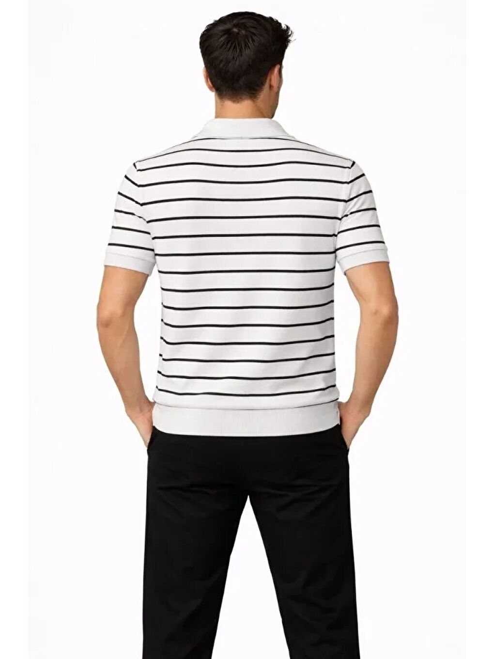 Beyaz Erkek Triko Polo Yaka Fermuarlı Çizgili Tişört-2