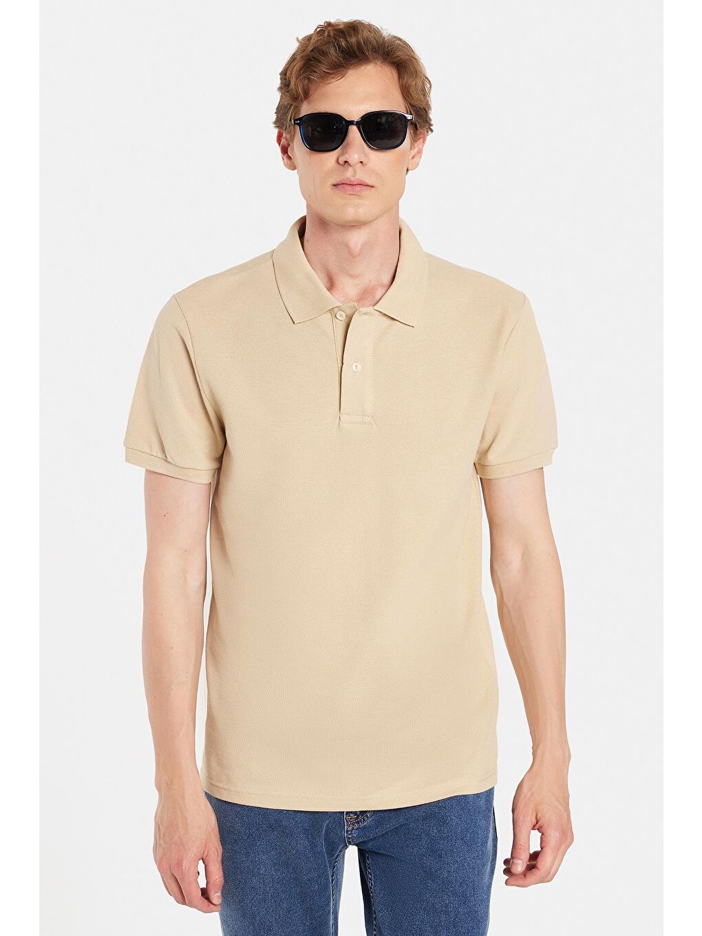 Erkek Slim Fit Dar Kesim %100 Pamuk Bej Polo Yaka Tişört-3