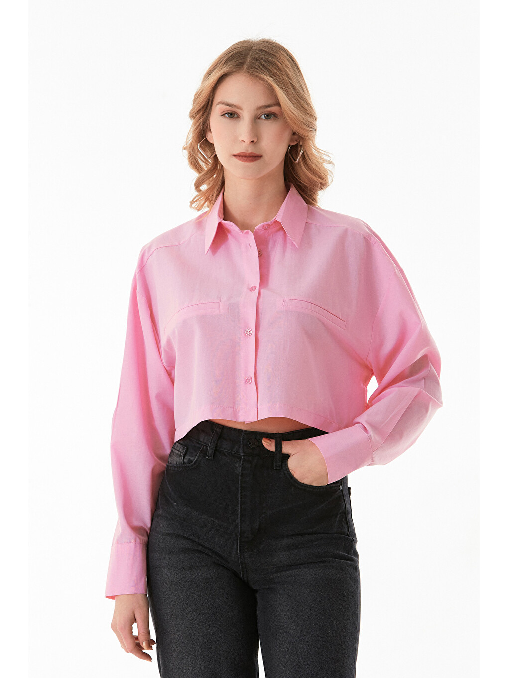 Pembe Basic Cep Detaylı Terikoton Crop Gömlek