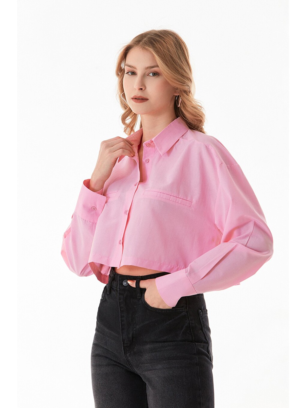 Pembe Basic Cep Detaylı Terikoton Crop Gömlek-1