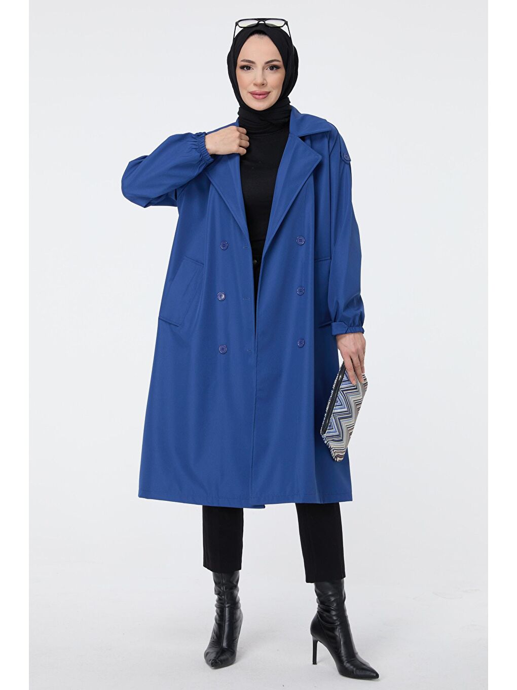Ceket Yaka Kadın Mavi Trenç - 23699-1