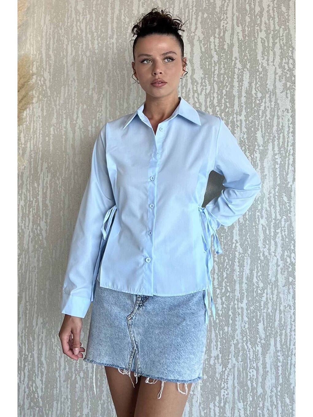 Mavi Bel Bağcıklı Kadın Gömlek-1