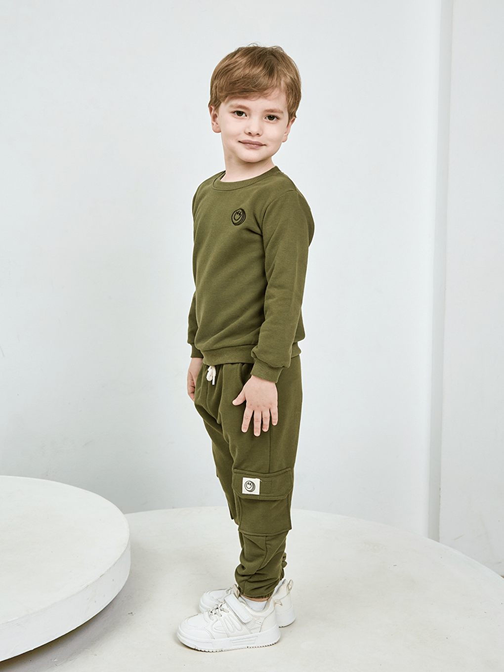 Haki Bisiklet Yaka Erkek Çocuk Basic Sweatshirt ve Eşofman Alt 2'li Takım-5