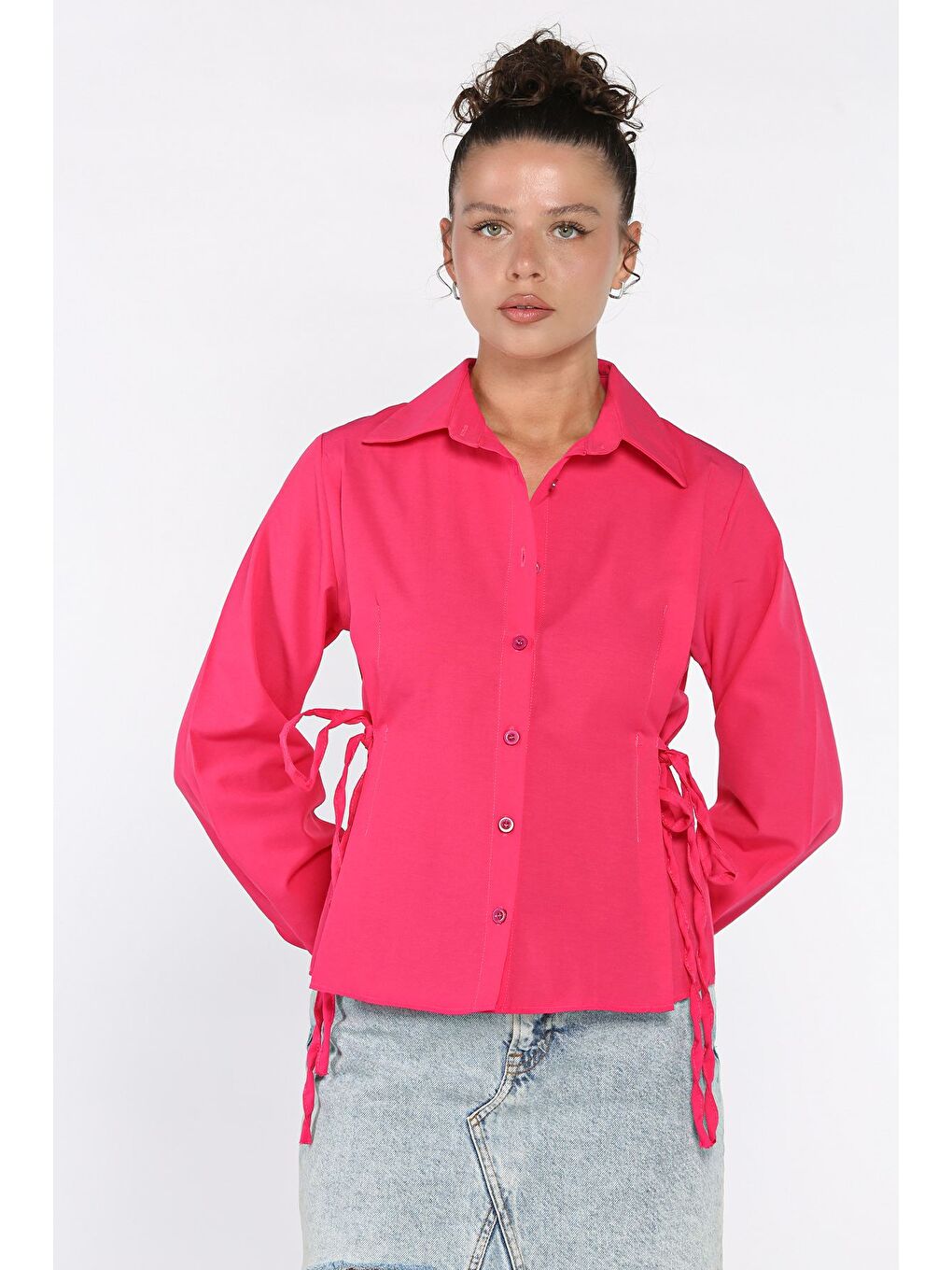 Fuşya Bel Bağcıklı Kadın Gömlek-1
