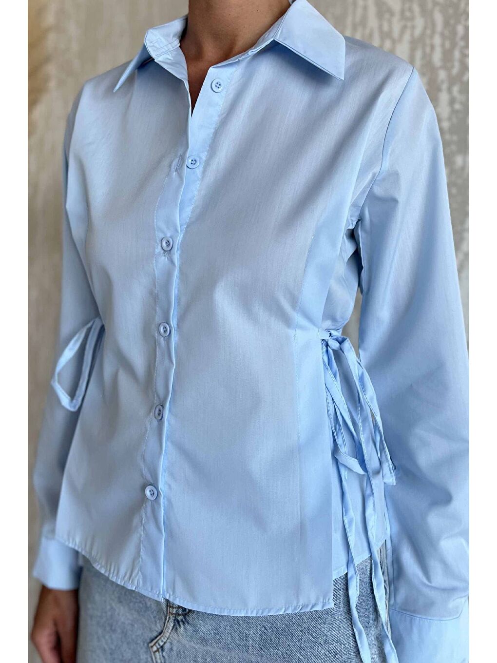 Mavi Bel Bağcıklı Kadın Gömlek-3