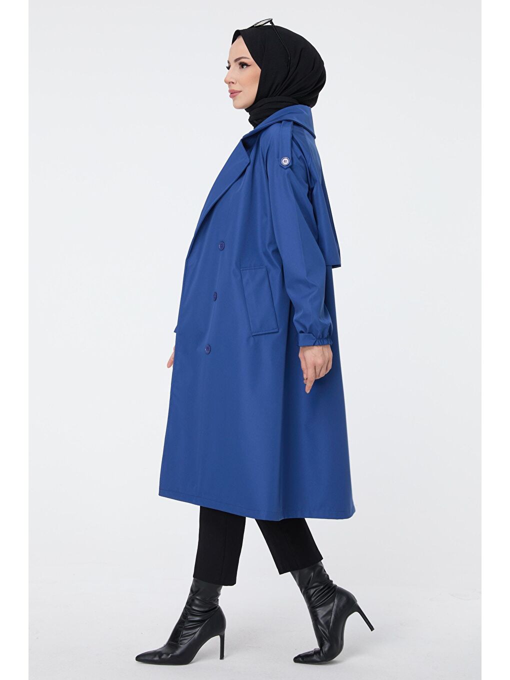 Ceket Yaka Kadın Mavi Trenç - 23699-2