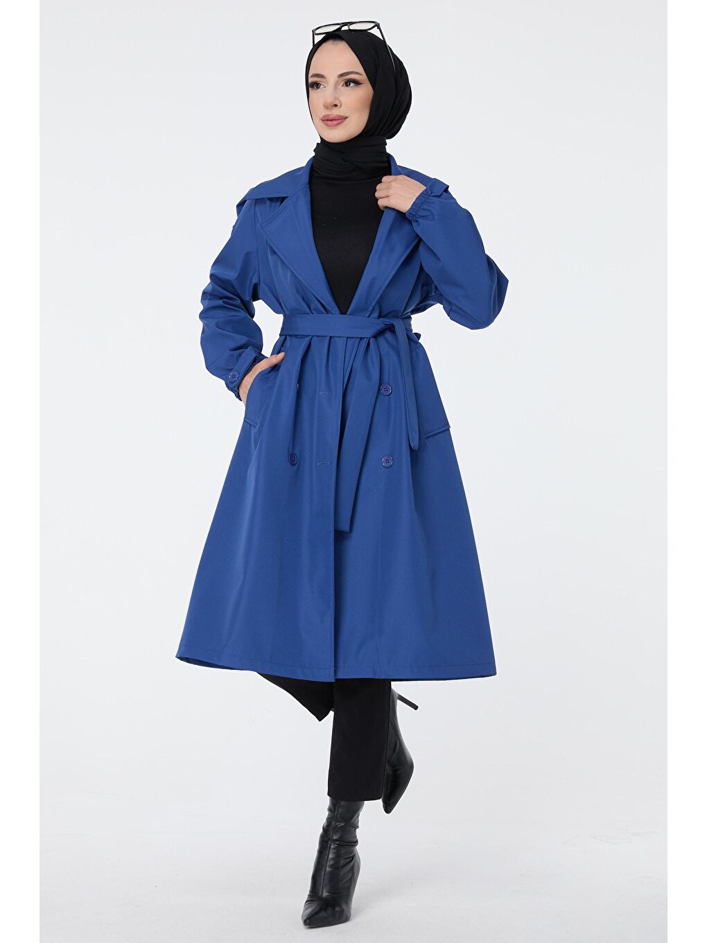 Ceket Yaka Kadın Mavi Trenç - 23699-3