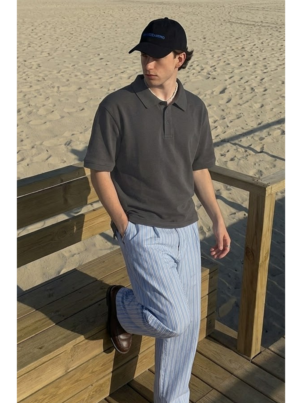 Gri Erkek Casual Rahat Füme Polo Yaka Tişört-3