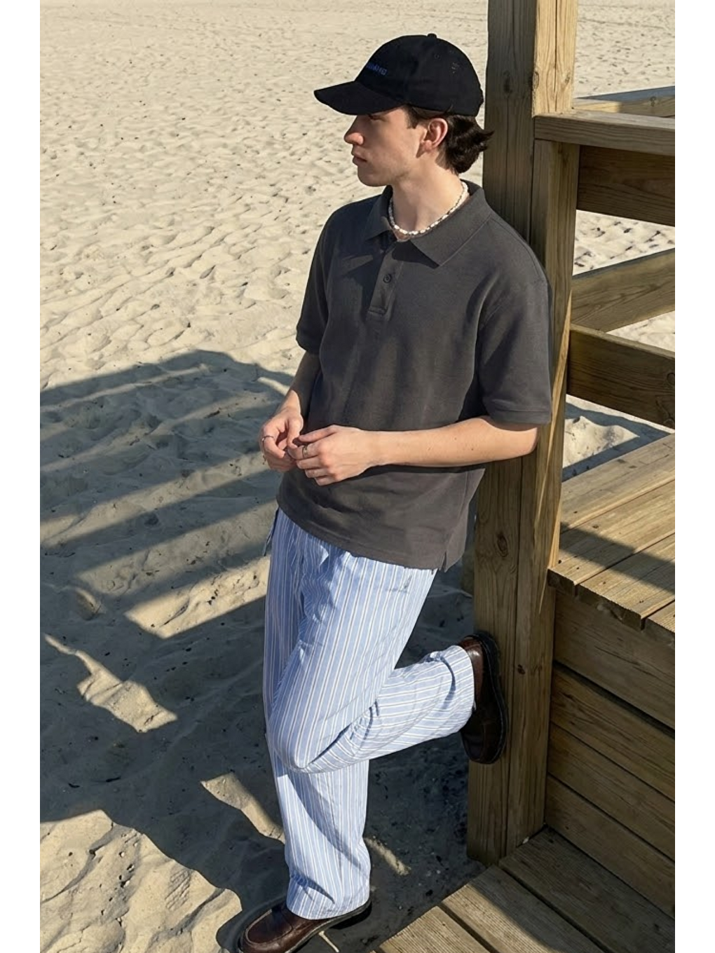 Gri Erkek Casual Rahat Füme Polo Yaka Tişört-4