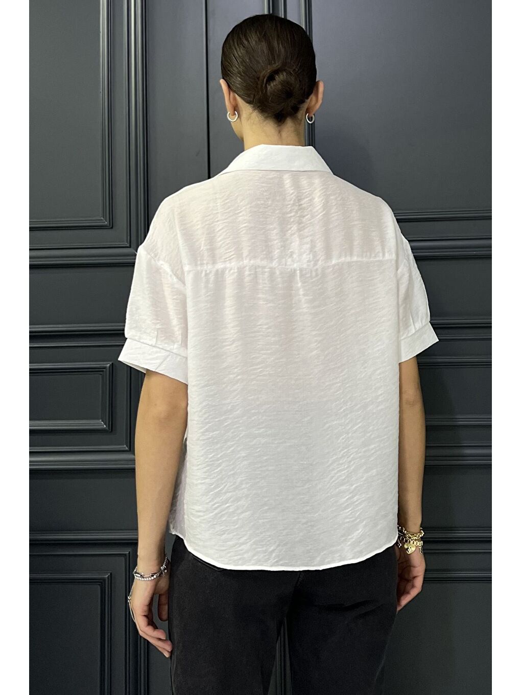 Beyaz Kadın Kısa Kol Salaş Gömlek-1