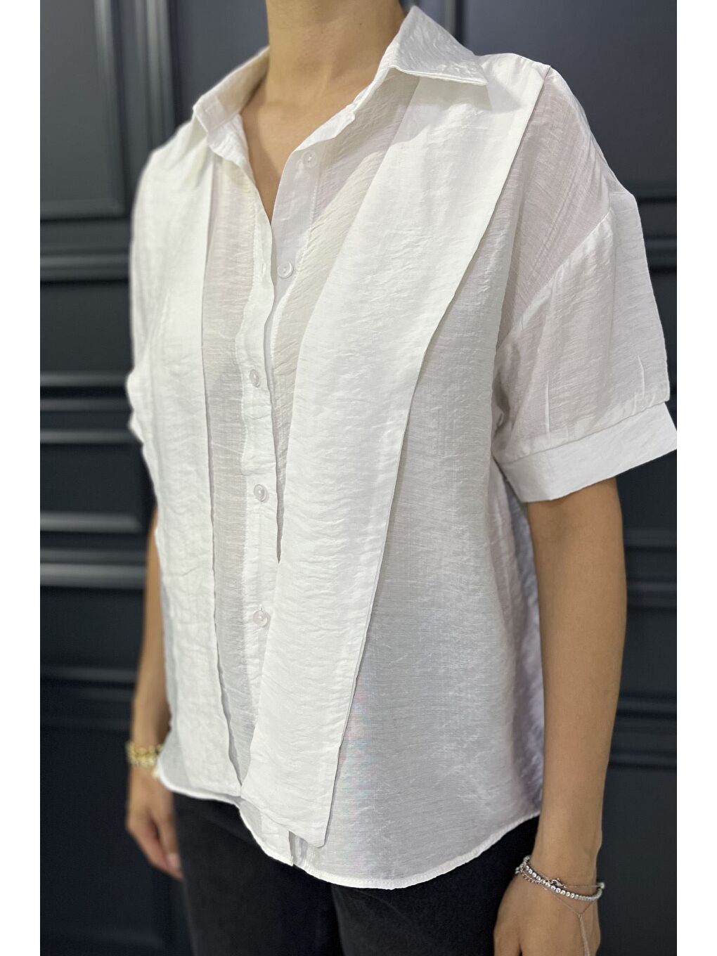 Beyaz Kadın Kısa Kol Salaş Gömlek-2