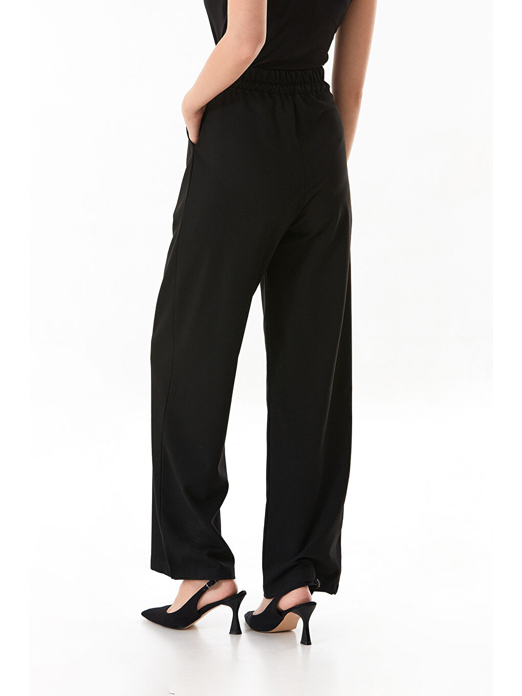 Siyah Beli Bağcıklı Düğmeli Cepli Palazzo Pantolon-3