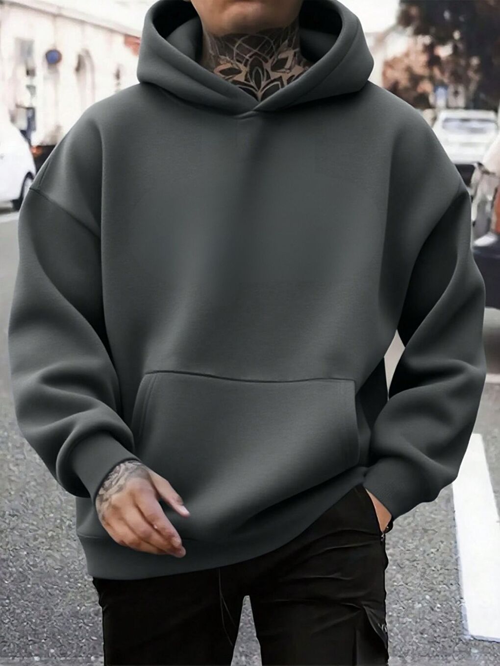 Gri Füme Baskısız Oversize Kapüşonlu New Sweatshirt