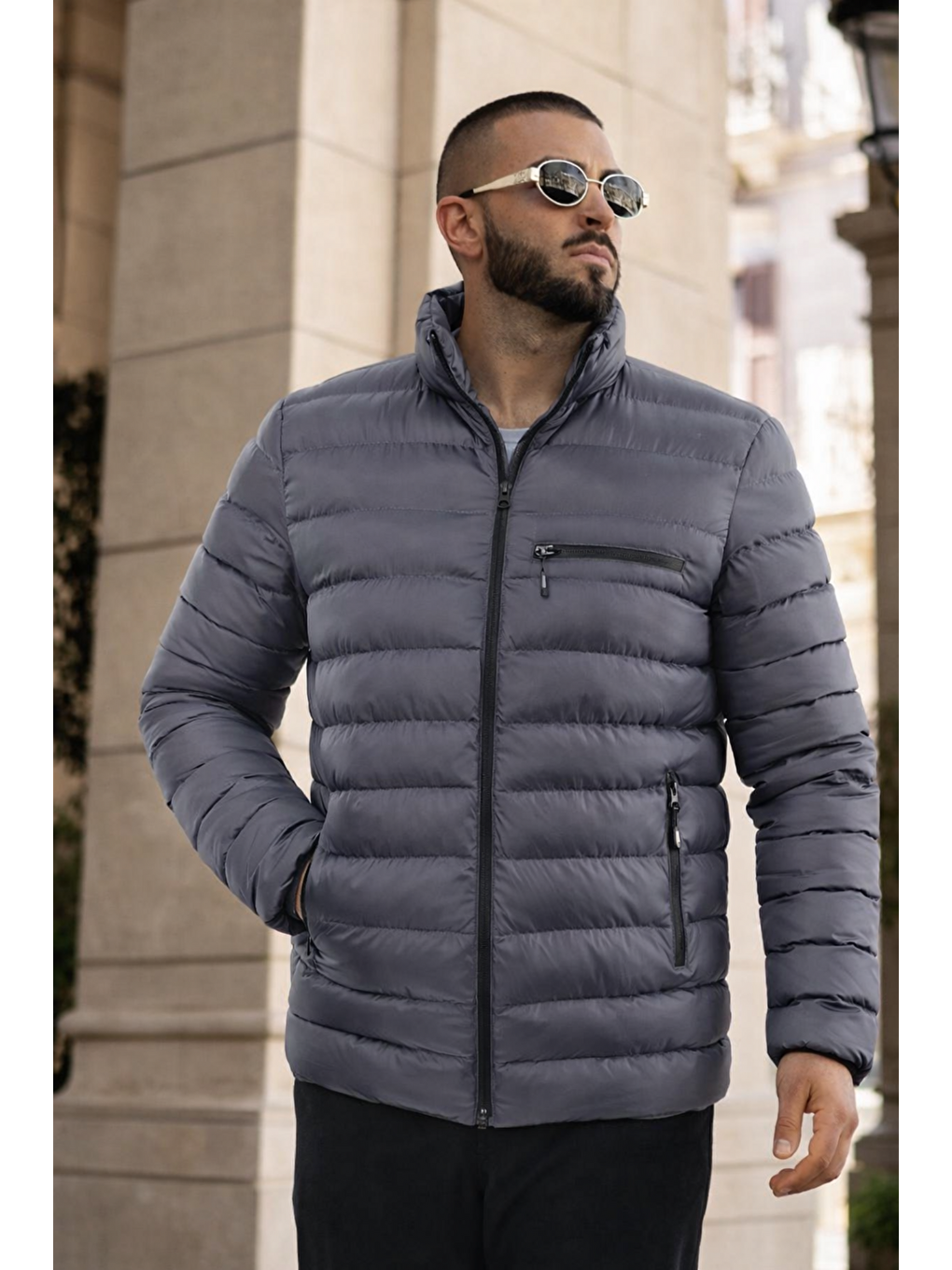 Gri Erkek Günlük Cepli Basic Astarlı Füme Şişme Mont