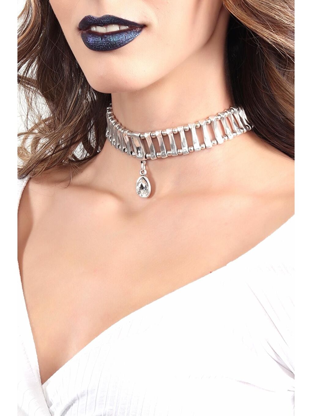 Gri Kadın Antik Gümüş Kaplama Tasarım Choker-1