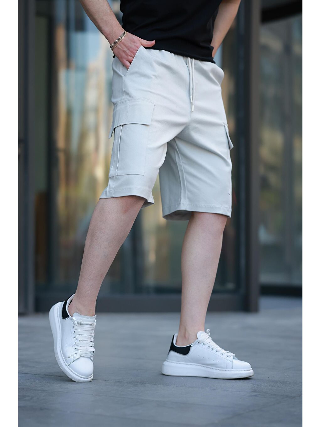 Bej Taş Kargo Cepli Erkek %100 Pamuk Kargo Şort E6571-1