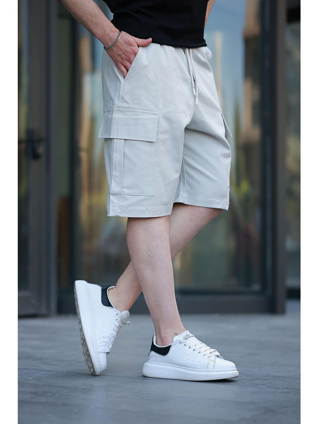 Bej Taş Kargo Cepli Erkek %100 Pamuk Kargo Şort E6571-2