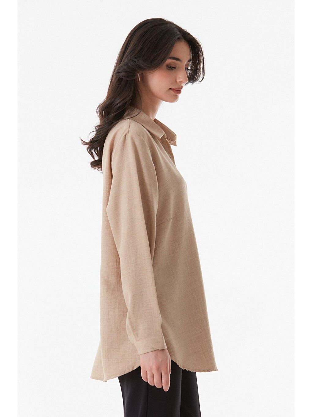 Bej Basic Uzun Kollu Büyük Beden Gömlek-2