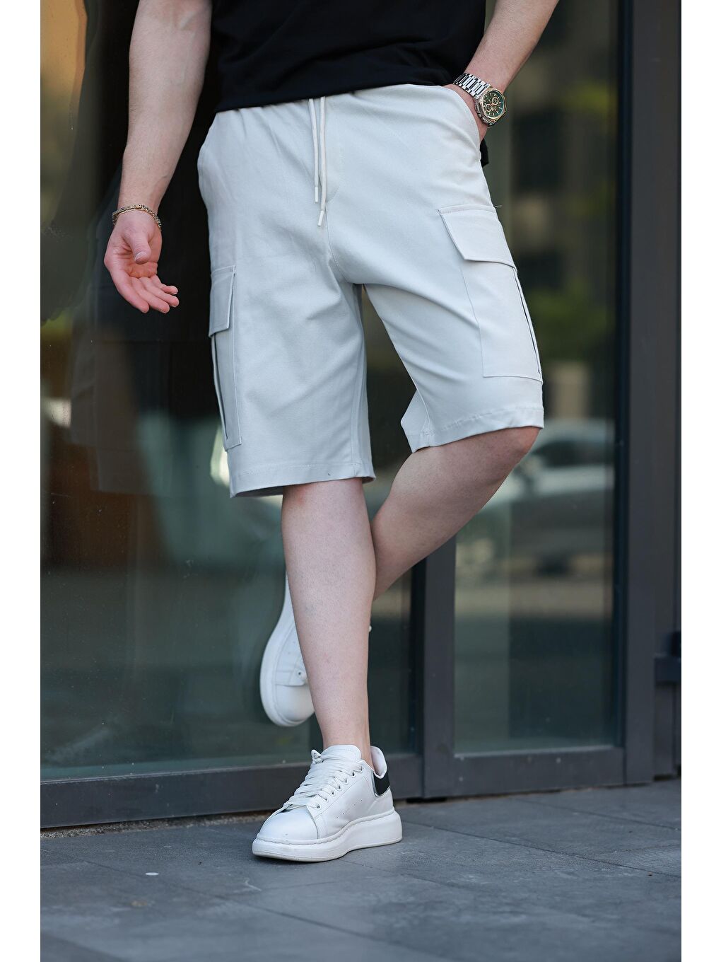 Bej Taş Kargo Cepli Erkek %100 Pamuk Kargo Şort E6571-3