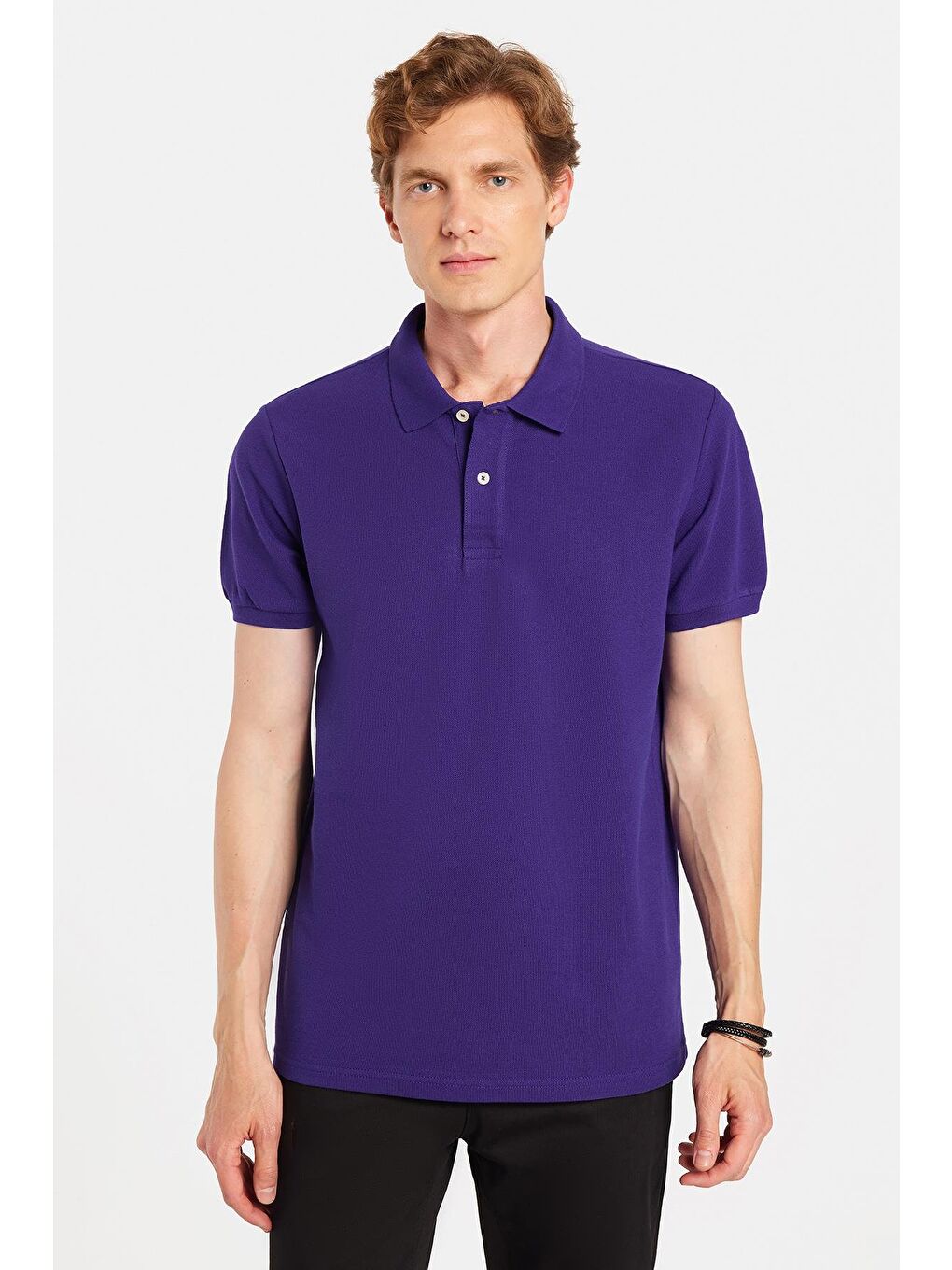 Erkek Slim Fit Dar Kesim %100 Pamuk Mor Polo Yaka Tişört-3