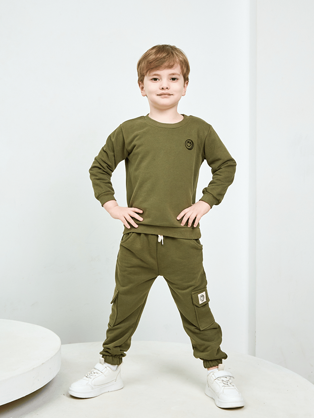 Haki Bisiklet Yaka Erkek Çocuk Basic Sweatshirt ve Eşofman Alt 2'li Takım-6