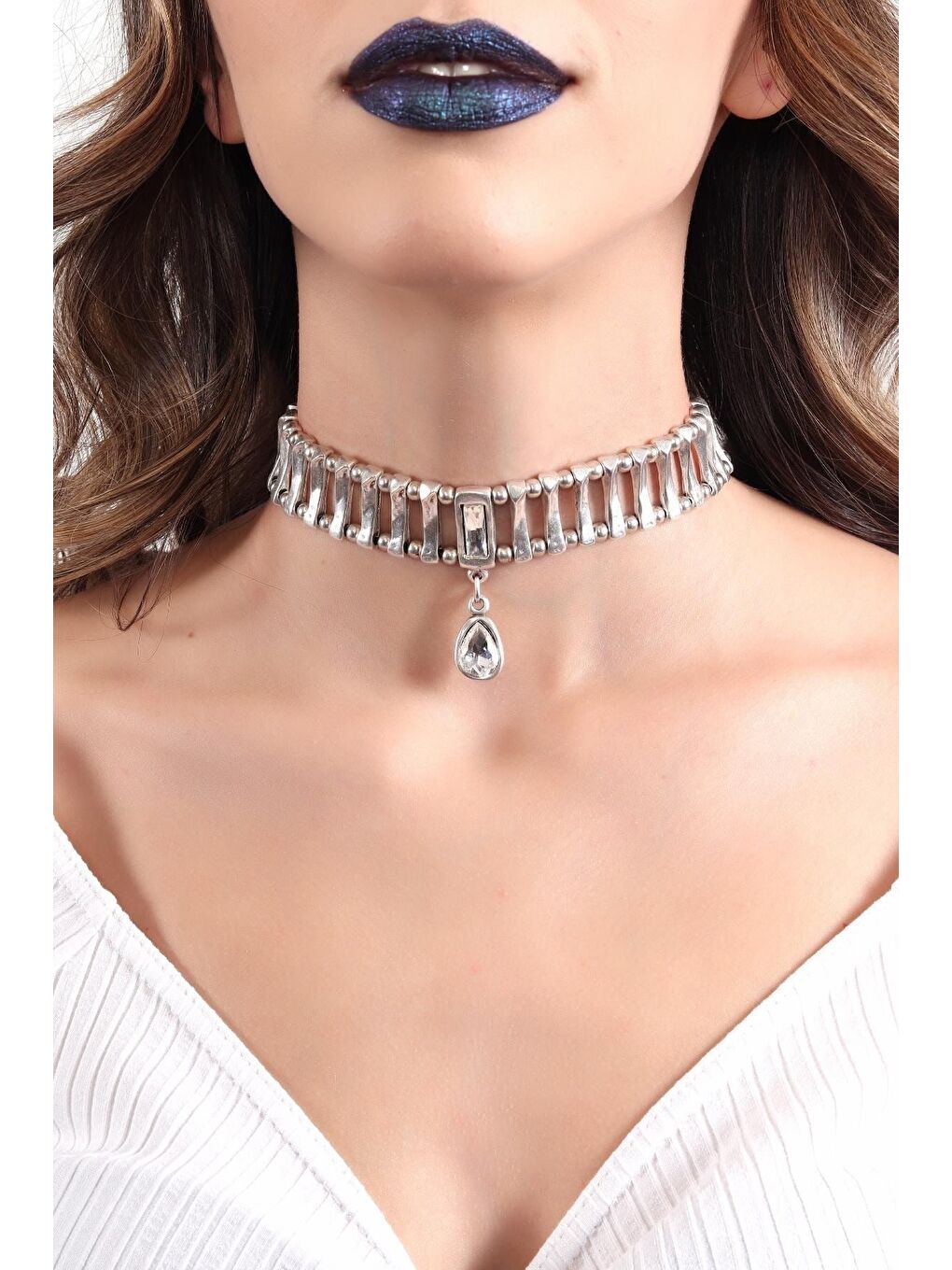 Gri Kadın Antik Gümüş Kaplama Tasarım Choker-2