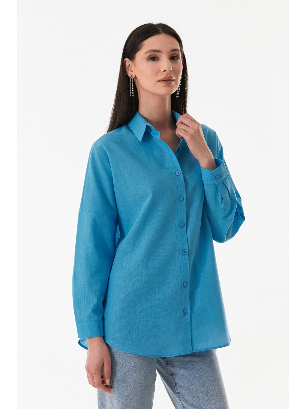 Mavi Basic Düğmeli Salaş Gömlek-2
