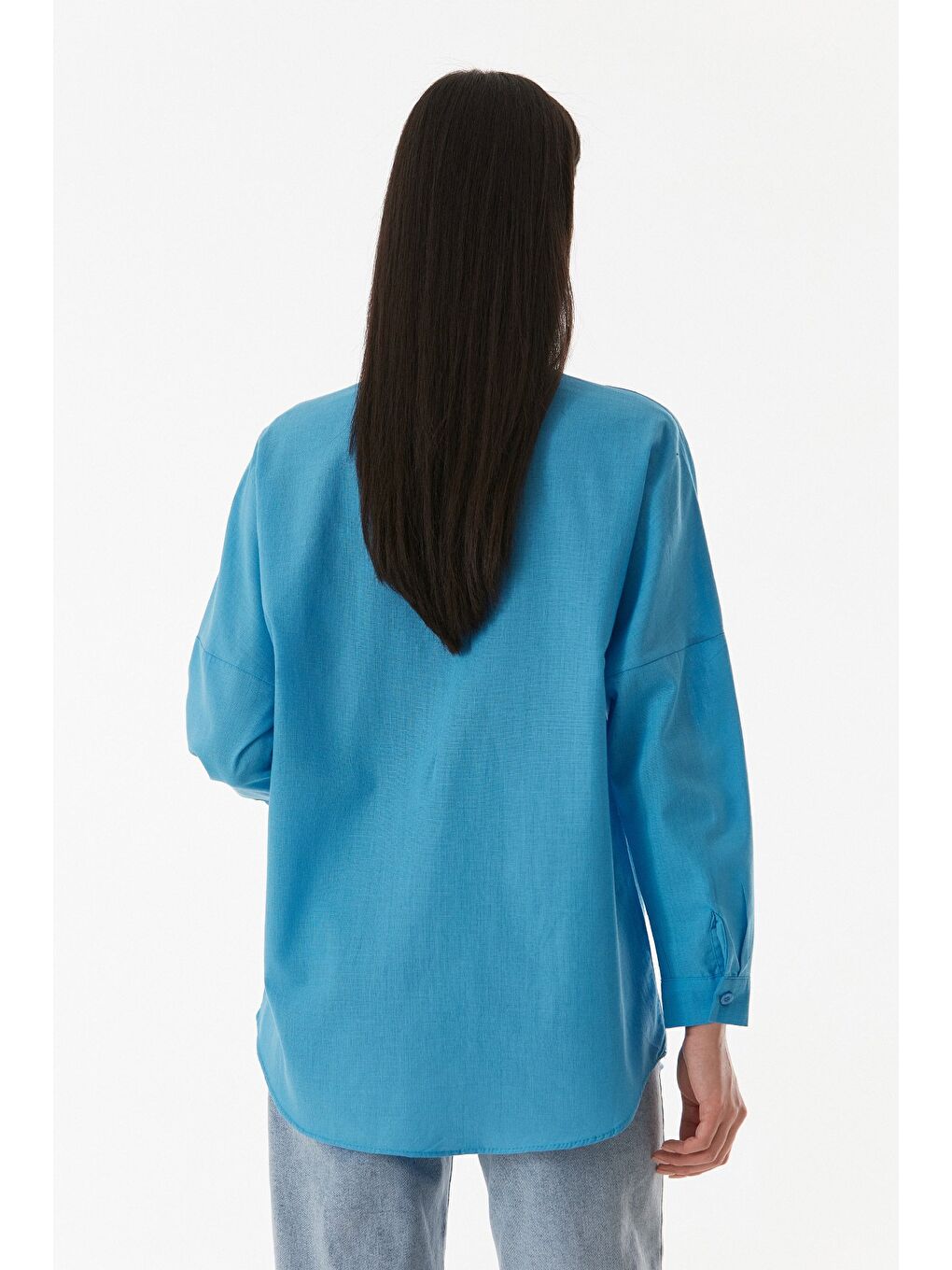 Mavi Basic Düğmeli Salaş Gömlek-3