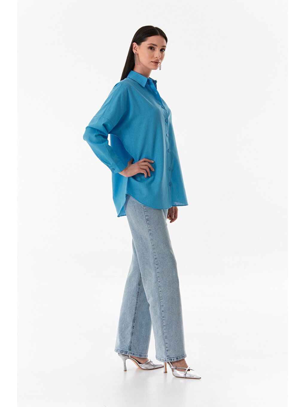 Mavi Basic Düğmeli Salaş Gömlek-4