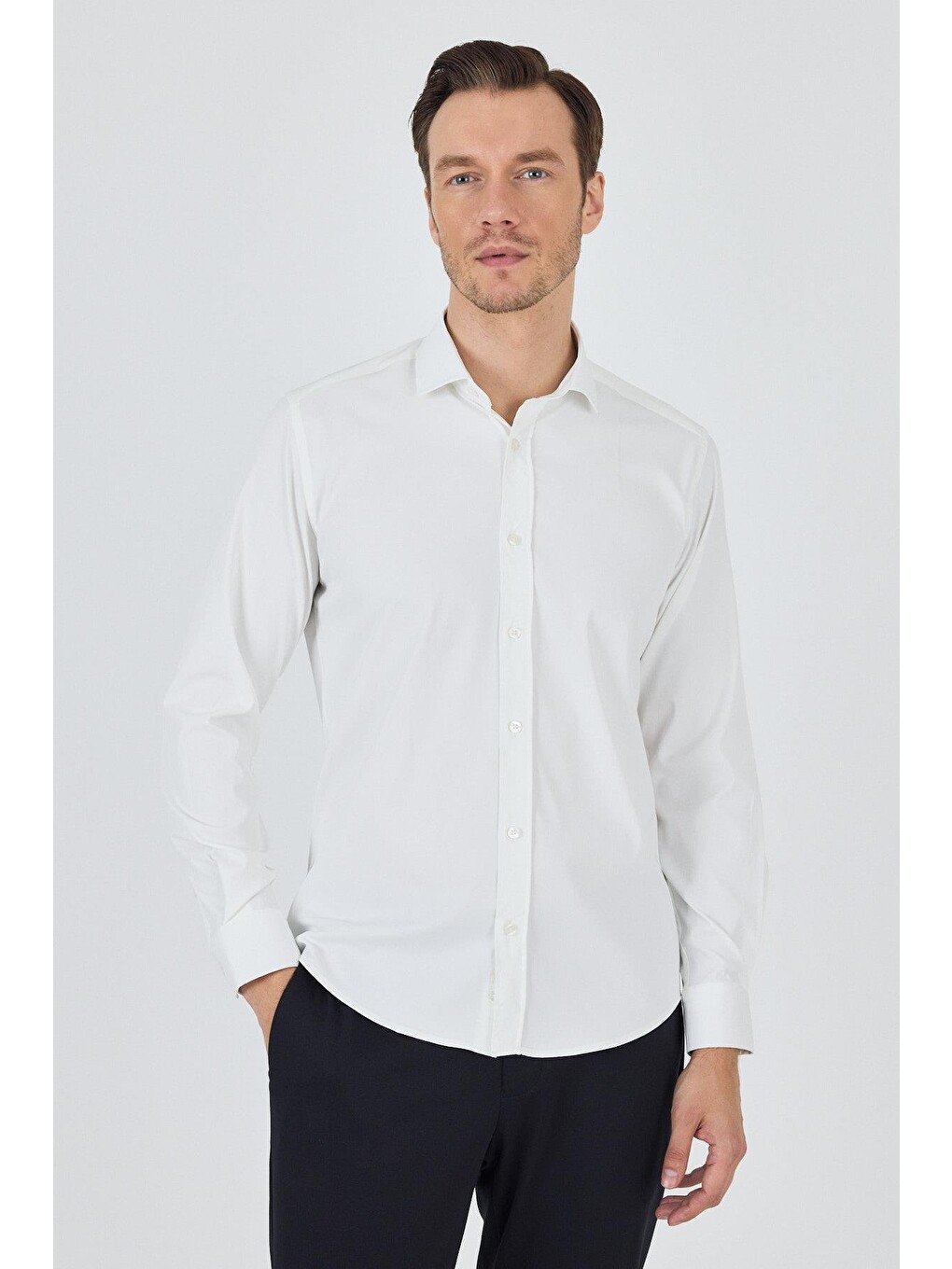 Ekru Yarım İtalyan Yaka Cepsiz Gabardin Uzun Kol Slim Fit Esnek Gömlek 1004250235-1