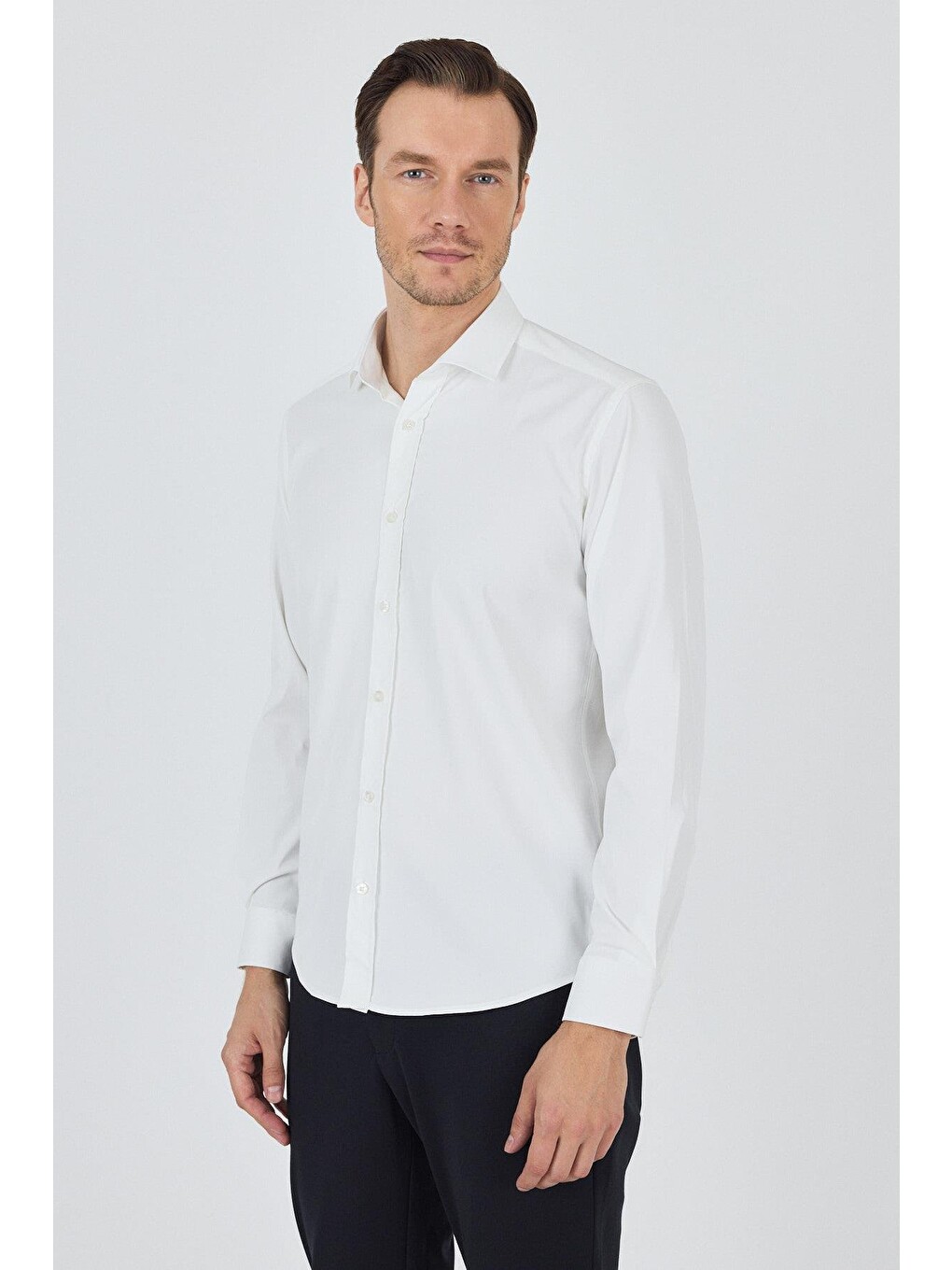 Ekru Yarım İtalyan Yaka Cepsiz Gabardin Uzun Kol Slim Fit Esnek Gömlek 1004250235-2