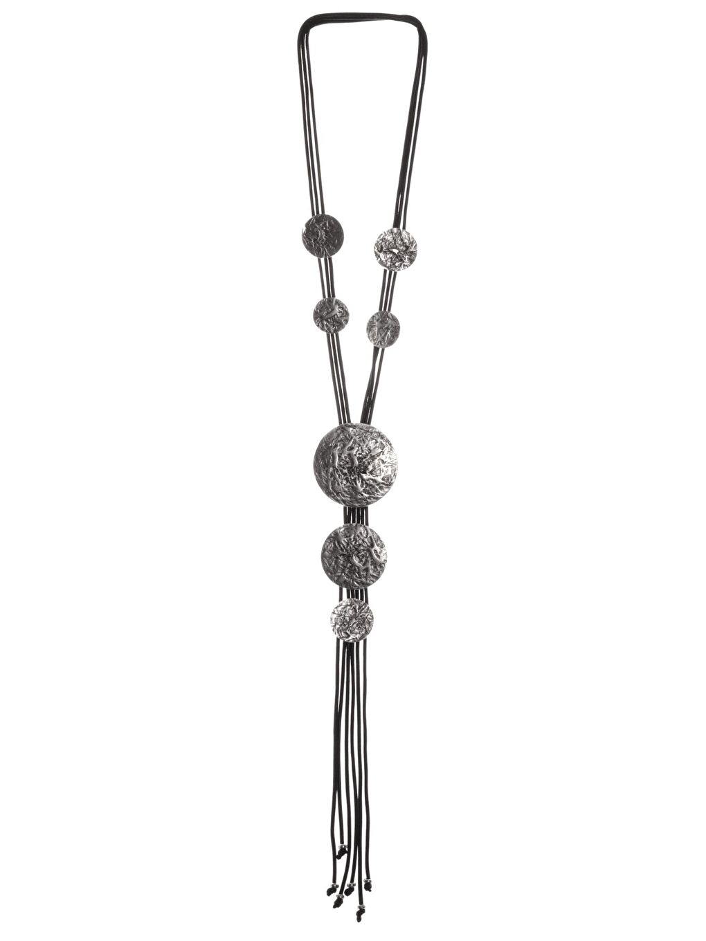 Gri Kadın Antik Gümüş Kaplama Kabartma Dokulu Geometrik Parçalı Püsküllü Tasarım Ip Kolye