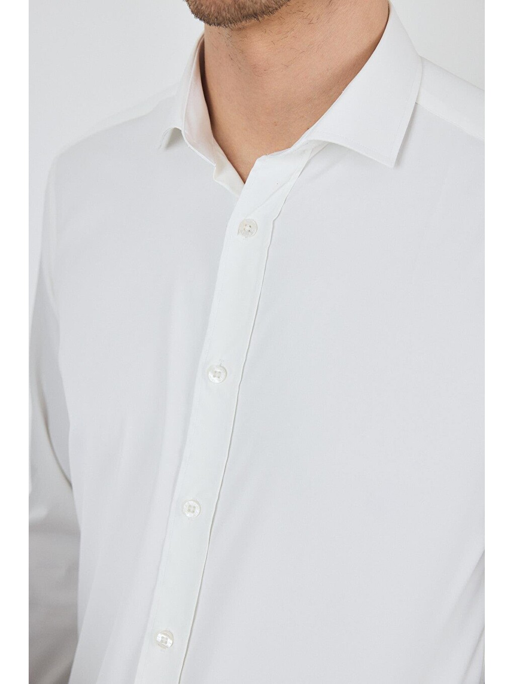 Ekru Yarım İtalyan Yaka Cepsiz Gabardin Uzun Kol Slim Fit Esnek Gömlek 1004250235-3