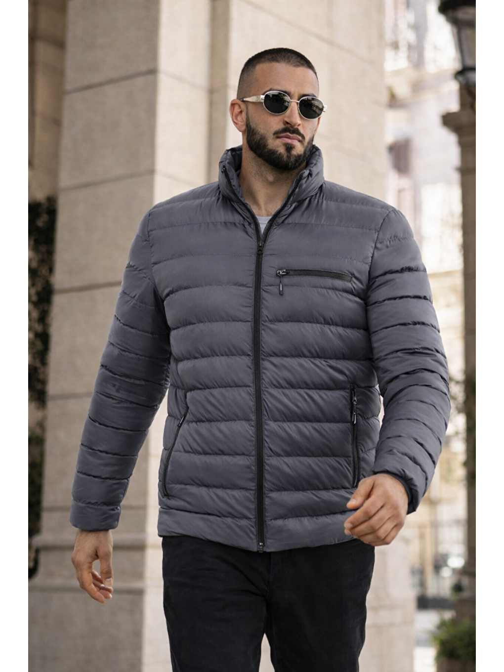 Gri Erkek Günlük Cepli Basic Astarlı Füme Şişme Mont-2