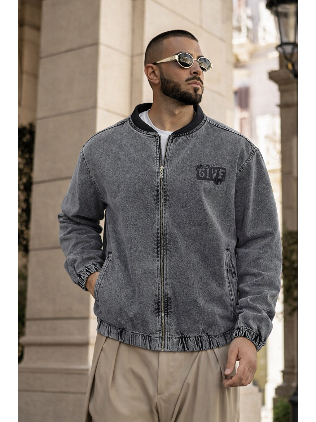 Gri Erkek Günlük Fermuarlı %100 Pamuk Füme Bomber Jean Ceket