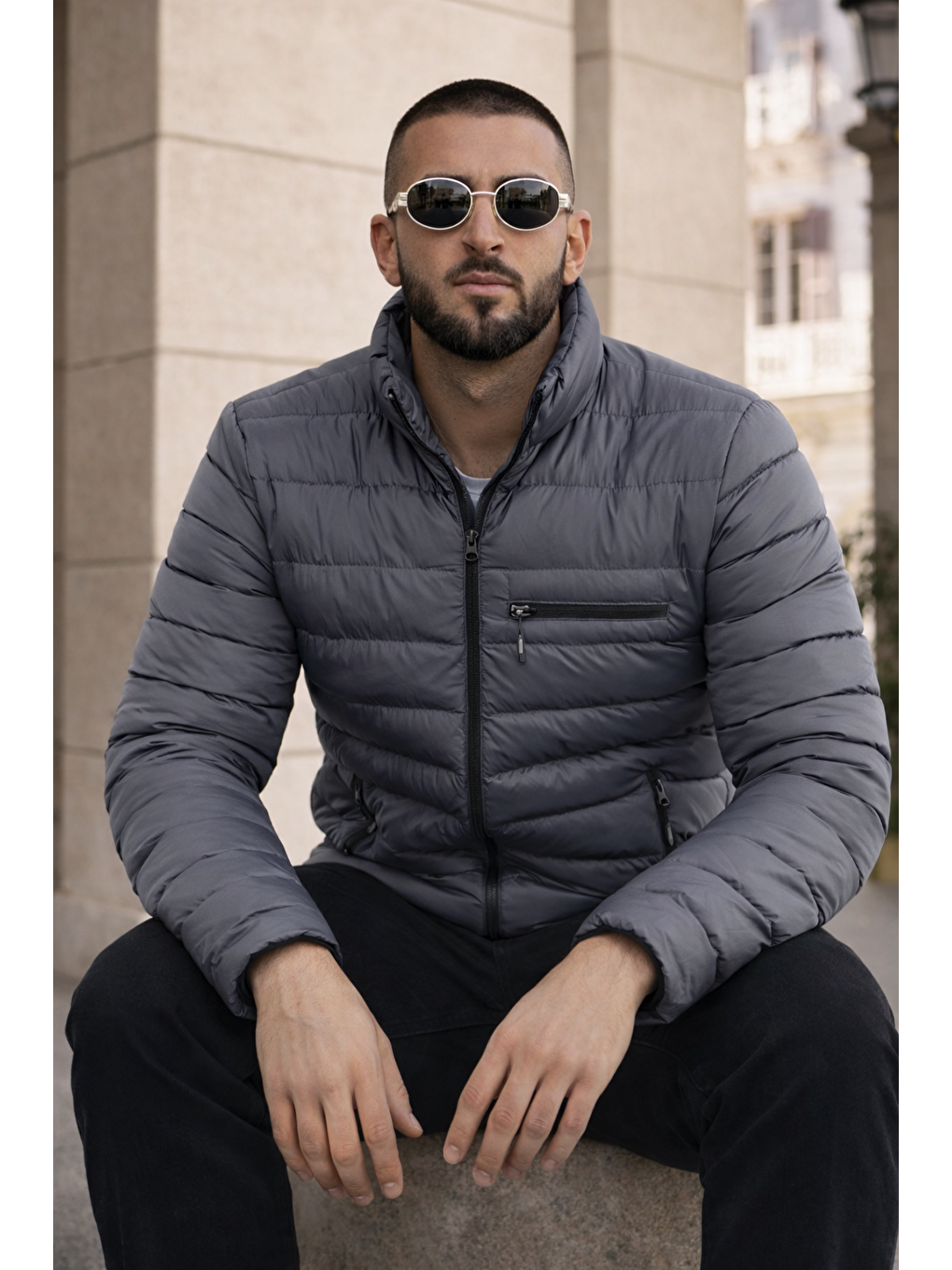 Gri Erkek Günlük Cepli Basic Astarlı Füme Şişme Mont-3