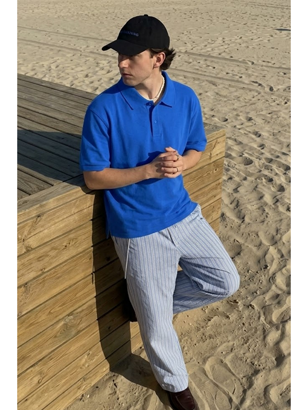 Erkek Casual Rahat Mavi Polo Yaka Tişört-3