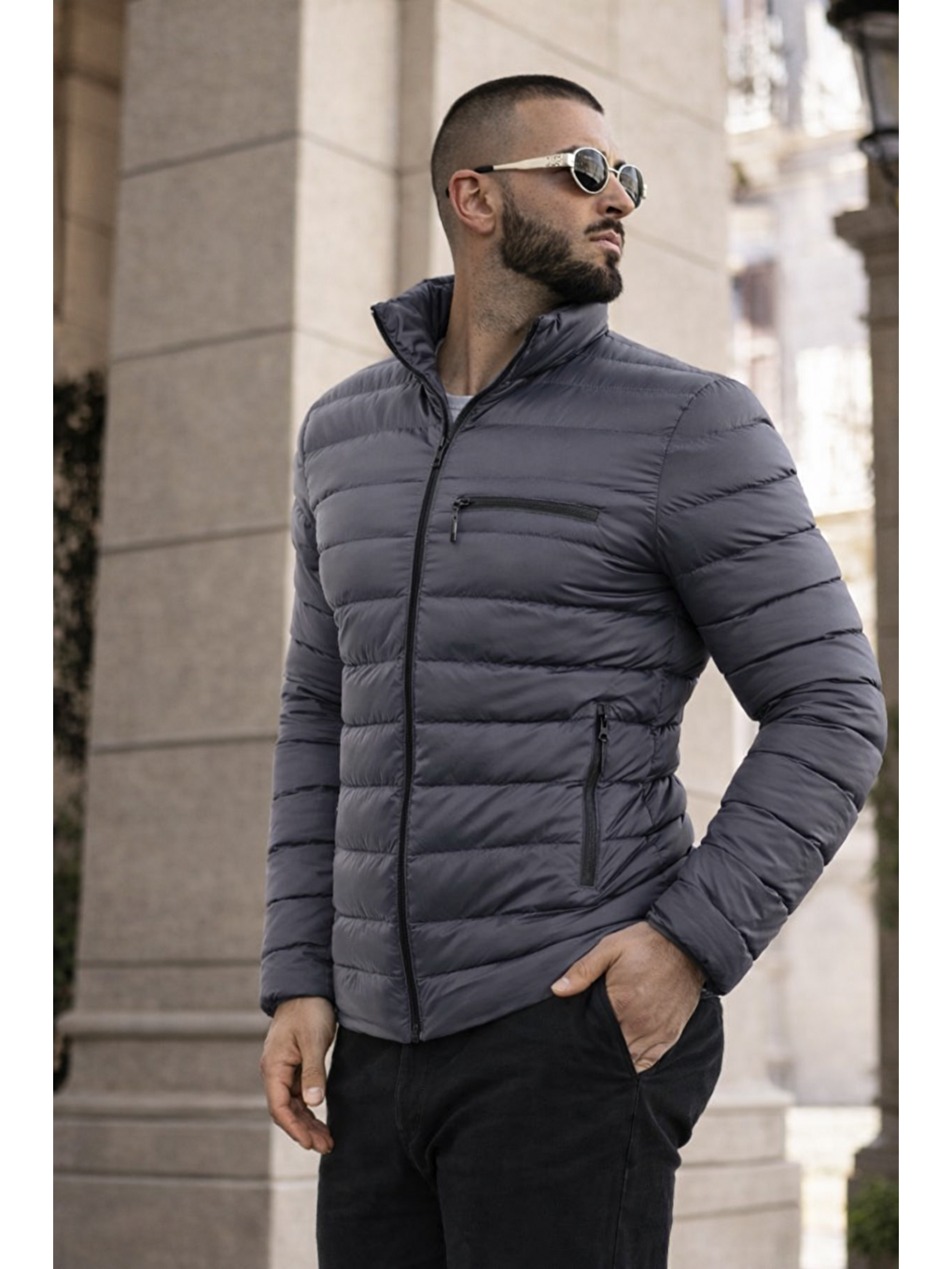 Gri Erkek Günlük Cepli Basic Astarlı Füme Şişme Mont-4