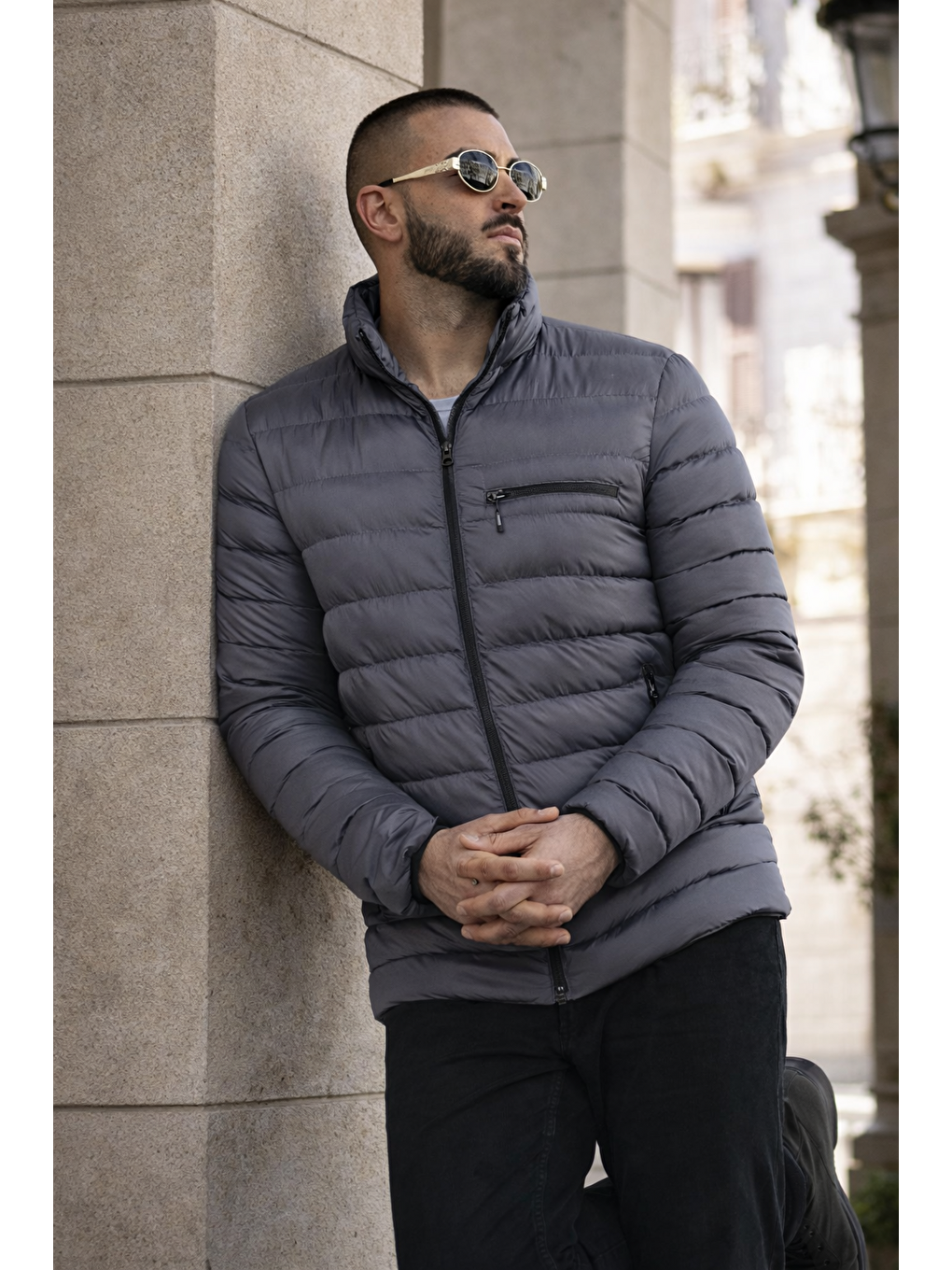 Gri Erkek Günlük Cepli Basic Astarlı Füme Şişme Mont-5