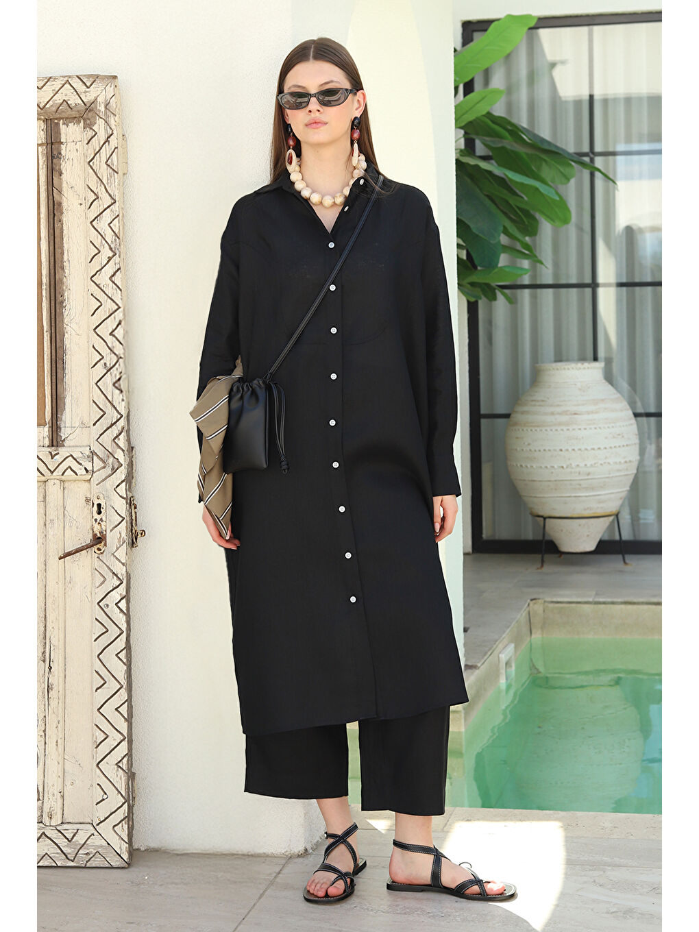 Ham Keten Uzun Gömlek Siyah