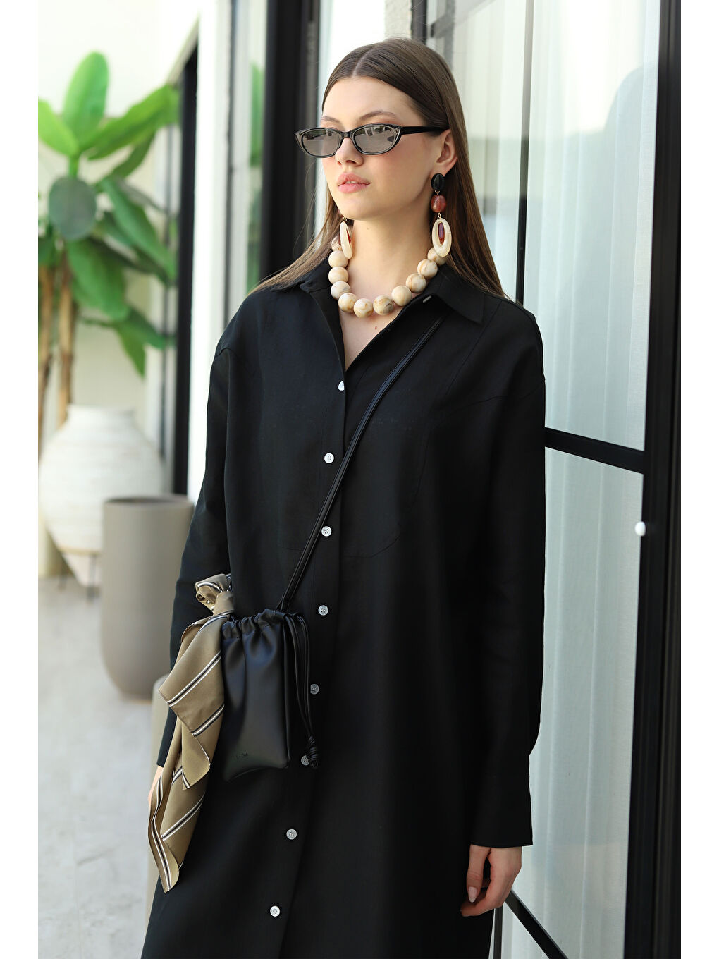 Ham Keten Uzun Gömlek Siyah-1