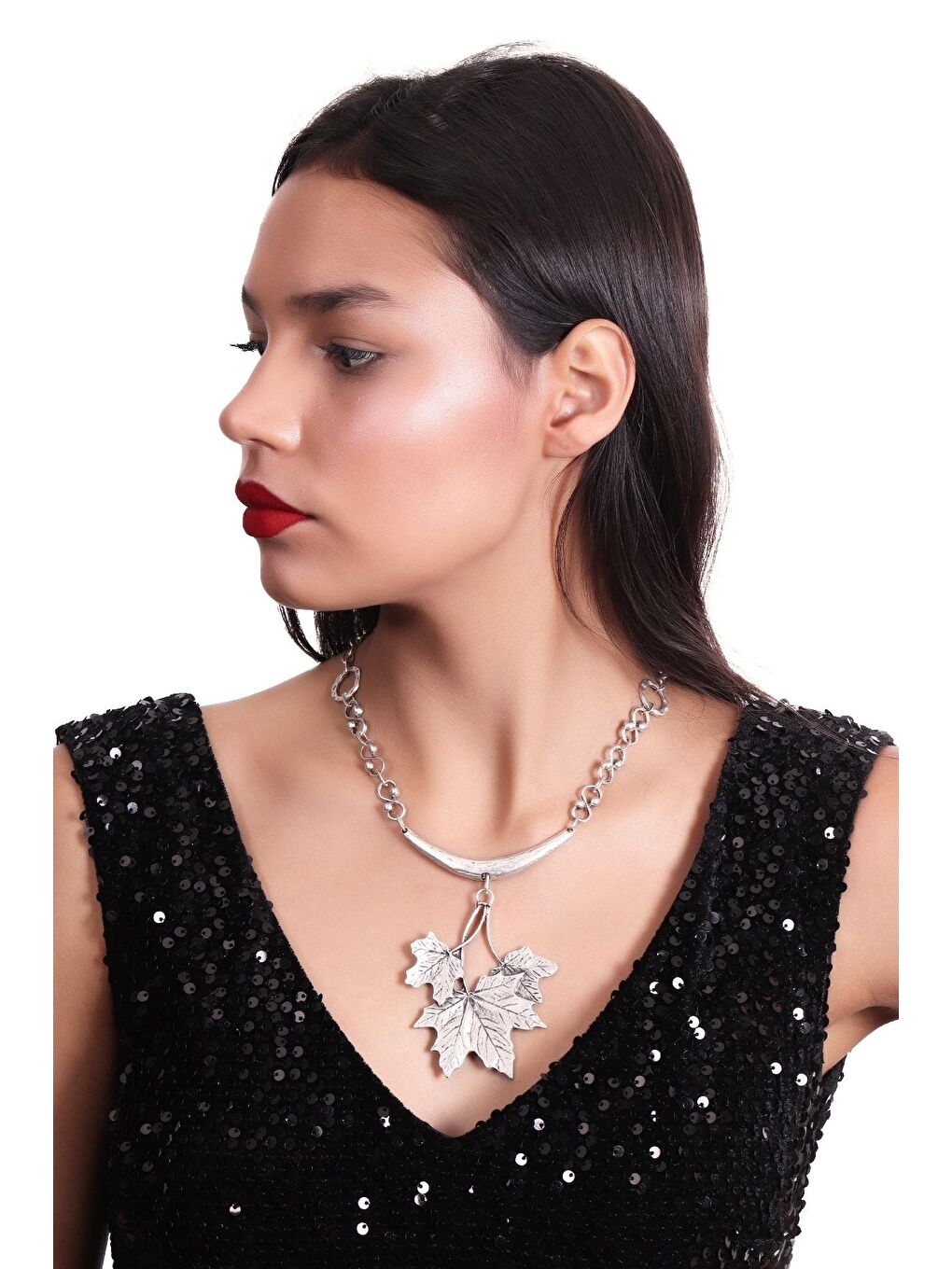 Gri Kadın Antik Gümüş Kaplama Çınar Yaprağı Stilizesi Kolye-4