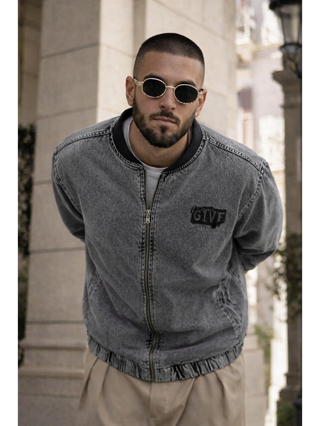 Gri Erkek Günlük Fermuarlı %100 Pamuk Füme Bomber Jean Ceket-1