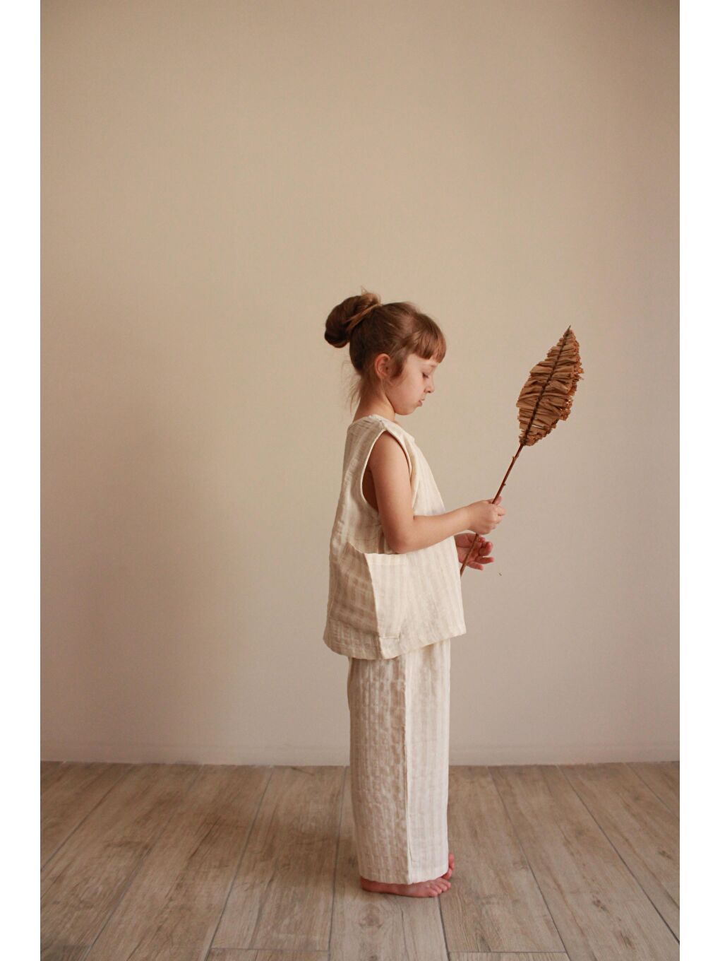 Bej Çizgili Asimetrik Cepli Müslin Takım-1